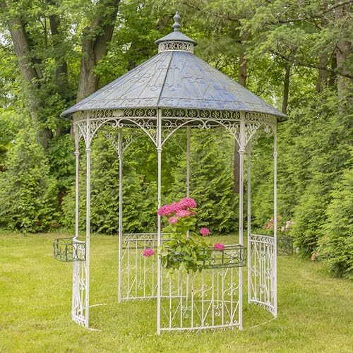 11ft. Tall Round Iron Gazebo with Four Side Walls & Flowers Baskets Seville (Antique White)