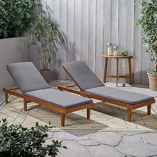 Christopher Knight Home Nadine Acacia Wood Chaise Lounge Chair Outdoor Set of 2, Poolside Sun Lounger Recliner, Patio Outdoor Chaise Lounge with Cushions, Adjustable Back Lounge Sofa, Dark Grey+Teak