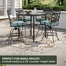 Hanover Montclair All-Weather 5-Piece Outdoor Dining Set with Cushioned Swivel Chairs and Stamped-Top Table Blue