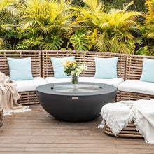 Elementi Lunar Bowl Dark Grey Fire Pit Bundle Outdoor Firepit Set Includes 42” Natural Gas Concrete Firepit, Glass Windscreen, Stainless Steel Cover, Canvas Cover, Floor Mat and Beverage Tub