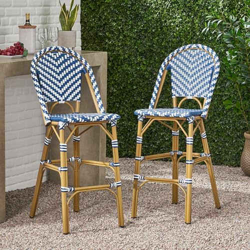 Merax French Bistro Outdoor Bar Stools Set of 2, Wicker Rattan Patio Bar Height Chairs with Aluminum Frame, Cafe Style Balcony Bar Seating, Navy Blue White