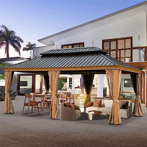 ANTSKU 12'x20' Hardtop Gazebo Outdoor Wooden Coated Aluminum Frame Yellow Brown