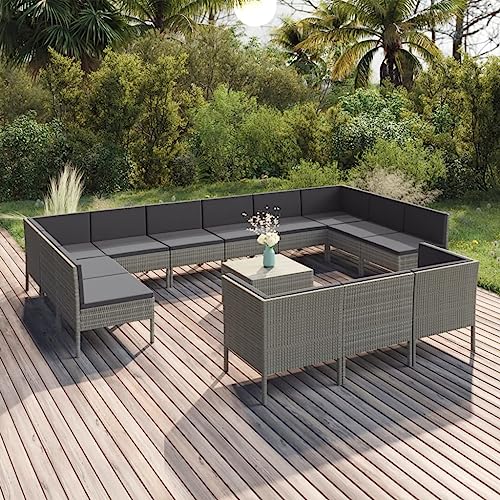 PUGYNBK Grey PE Rattan Garden Lounge Set with Removable Covers, Modular Outdoor Furniture for Patio and Balcony, Durable Weather-Resistant Seating Set Accommodates 14 People