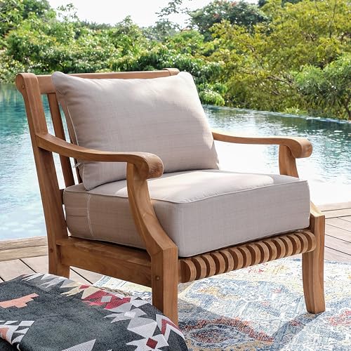 Cambridge Casual Costa Outdoor Club Chair, Teak Wood Patio Club Chair with Beige Cushion, Deep Seating Outdoor Lounge Chair with Backrest Pillow & Removable Cover for Balcony, Patio, Sunroom
