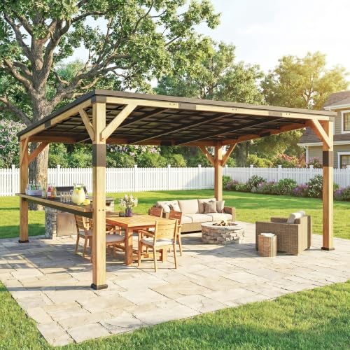 Outsunny 10'x14' Wooden Grill Gazebo Galvanized Steel Sloped Roof, Natural