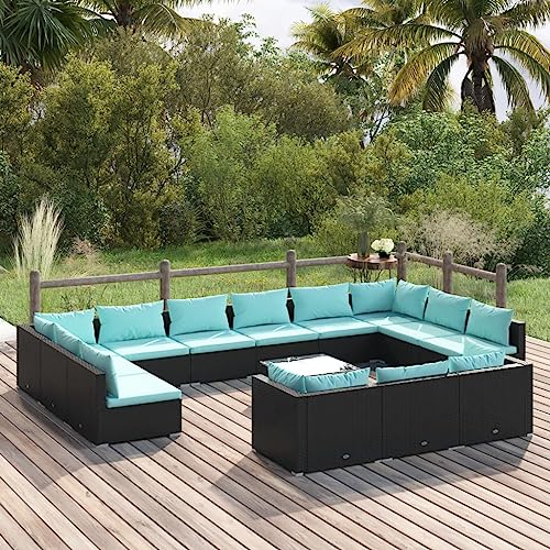 VGLQNRPT 14-Piece Modular Garden Lounge Set with Coffee Table, Water Blue Cushions, Weather-Resistant Synthetic Poly Rattan Outdoor Furniture for Patio, Deck, and Backyard