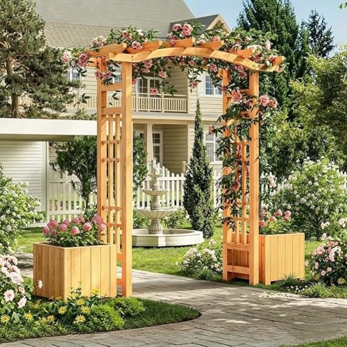 Etlegor Wooden Garden Arbor with Planter, Wedding Arch for Ceremony, for Climbing Plants, Roses, Vines, Outdoor Arbor Trellis for Garden Backyard, Lawn Party(Yellow)
