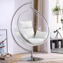 SK CHUMRA Hanging Chair - Transparent Acrylic Bubble, Waterdrop Shape, Indoor Swing Chair with Gold/Chrome Stand, Durable Fabric Cushion - Luxury Accent for Living Room, Bedroom (Chrome/White)