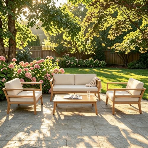 Merax 4 Piece Acacia Wood Patio Seating Set, Loveseat+2 Chairs+Coffee Table