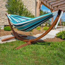 Vivere Double Premium Outdoor Fade and Weather-Resistant Hammock with Solid Pine Arc Stand - 450 lb Weight Capacity (Token Surfside)
