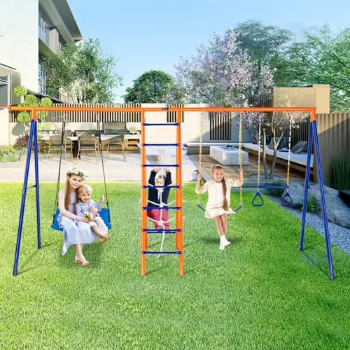 VEVOR 6-in-1 Swing Set with Swings, Trapeze, Ladder, Net & Hoop Blue/Orange