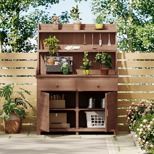 Seeheool Outdoor Table with Solid Wood, Storage Shelf for Patio Backyard Garden Pool Porch Lawn Brown