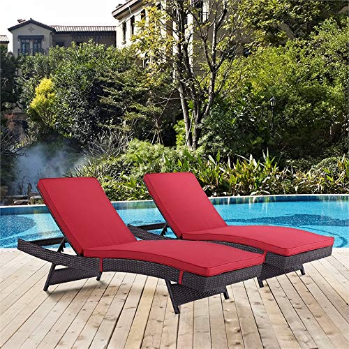 Modway Convene Wicker Rattan Outdoor Patio Chaise Lounge Chairs Set of 2 Red