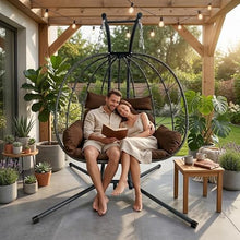 2 Person Hanging Egg Chair with Stand, Extra Large Boho Wicker Patio Hammock Swing Chair, Heavy Duty Outdoor & Indoor Double Loveseat with Thick Cushions for Balcony Bedroom Garden, Brown