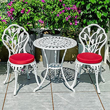 JKSVTF 3 Piece Bistro Set with Tulip Design - Cast Aluminum Outdoor Furniture Sets Weather Resistant Patio Table and Chairs with Umbrella Hole (White with Seat Cushion)