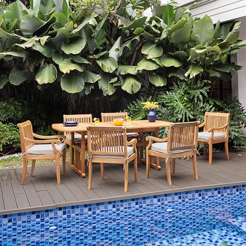 Cambridge Casual Mosko 7-Piece Teak Wood Patio Dining Set with Umbrella Hole and Beige Cushions