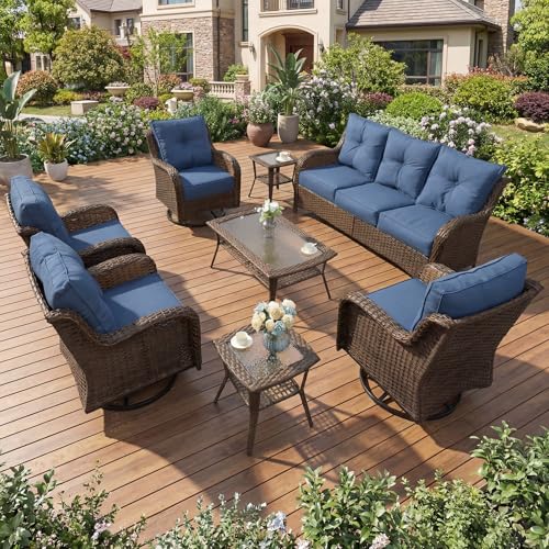 SAILARY Patio Furniture Set, 8PCS Outdoor Wicker Conversation Set with 6" Thick Cushions, High Back Rattan Sofa & Swivel Rocker Chairs, Weather Resistant Olefin Fabric for Garden, Poolside, Navy Blue
