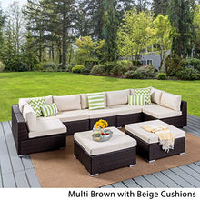 Christopher Knight Home Tom Rosa Outdoor 7 Seater Wicker Sectional Sofa Set, Multibrown with Beige Cushions