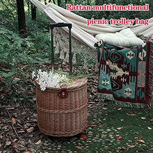 Outdoor Camping Picnic Basket Hand Lever Type Multi-Function Rattan Basket with Rollers Insulation Tableware Storage Box for Outdoor Picnic