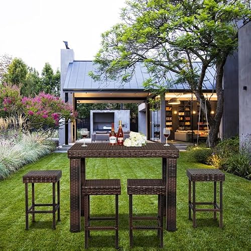 5 Piece Outdoor Rattan Bar Set, Patio Bar Furniture with Stools and Table, Outdoor Conversation Set for Poolside, Patio Bar Set, Bar Height Table & 4 Rattan Bar Stool Chairs, Outdoor Bistro Set