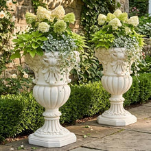 Christopher Knight Home Leita 23.03" H Classical Floral Relief Urn Planters Set of 2, MGO Outdoor Flower Pots, Weather-Resistant Outdoor Planters Set for Porch Entryway Decor, Antique White