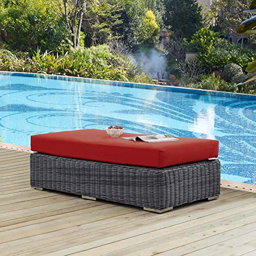 Modern Contemporary Outdoor Patio Balcony Garden Lounge Chair Ottoman, Rattan Wicker, Red