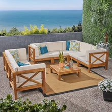 Christopher Knight Home Outdoor Acacia Wood 8 Seater Sectional Sofa Set with Coffee Table, Teak and Beige