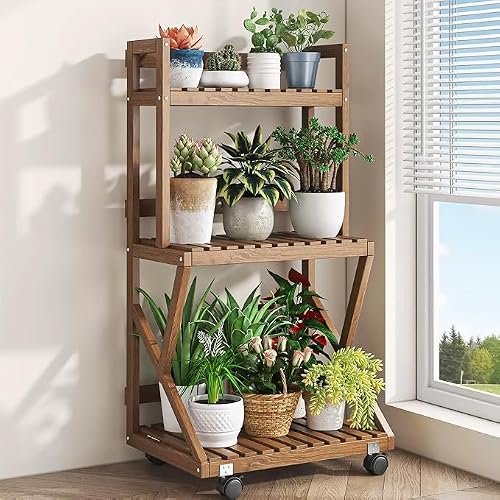 ARTUNV 3 Tier Ladder Plant Stand With Wheels, Wooden Slatted Flower Display Rack, Portable Rolling Storage Shelving For Terrace, Lawn & Home Decor(Size:60cm/24in,Color:Brown)