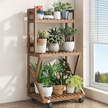 ARTUNV 3 Tier Ladder Plant Stand With Wheels, Wooden Slatted Flower Display Rack, Portable Rolling Storage Shelving For Terrace, Lawn & Home Decor(Size:60cm/24in,Color:Brown)