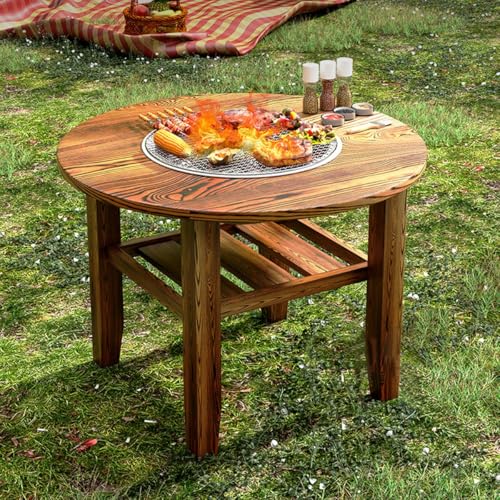 Double-Layer Fire Pit Table, Outdoor Fire Pit Bowl with Handles &Grills, Heating Barbecue Stove,Outdoor Fireplaces,Stove Tea Table, for Outside Patio Camping