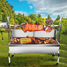 48.7in electric rotisserie grill portable portable stainless steel rotisserie grill roster with wheels, motor, wind baffle for pig chicken lamb rotisseries roasting machine (88 LBS with baffle)