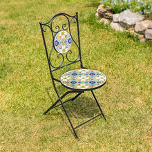 Zaer Ltd. Mosaic Tile Furniture with Black Metal Frame and Patterned Tile Tops (Bar Harbor - Black/Blue/Green, Bistro Set (2 Chairs, 1 Table))