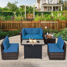 6PCS Patio Furniture Set Rattan Cushioned Sofa Gas Fire Pit Table Navy