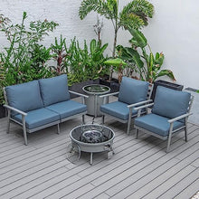 LeisureMod Walbrooke Modern Aluminum 5-Piece Patio Conversation Set with Firepit Navy Blue