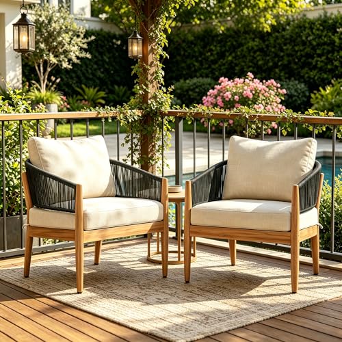 Merax Patio Chairs Set of 2, Bohe Style Acacia Wood Outdoor Club Chairs with Cozy Cushion & Rope-Weave Backrest, Outdoor Armchair for Garden Balcony Backyard Outside Dining Reading Relax, Black