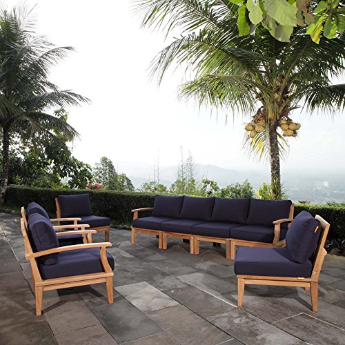 Modway EEI-1817-NAT-NAV-SET Marina Premium Grade A Teak Wood 8-Piece Outdoor Patio Furniture Set, Natural Navy