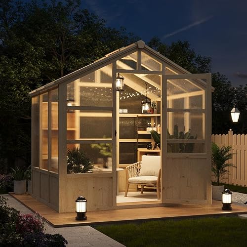 Wooden Greenhouse for Outdoors, 8x6FT Greenhouse with Lockable Door, Wood Frame & Adjustable Vent, for Outside, Garden, Yard, Light Brown