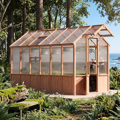Modern Shade EverBloom 6.5'x12' Wooden Greenhouse, 8' Extra-Tall Cedar Wood Greenhouse with Built-in Outdoor Faucet Kit, Heavy Duty Greenhouse with Built-in Shelving, Power Strip & Ventilation System
