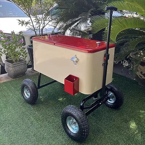 JYXYXSCP 75L Wagon Rolling Cooler Ice Chest, w/Long Handle and 10" Wheels, Patio Beverage Bar Cooler Trolley Ice Chest for Party Cookouts