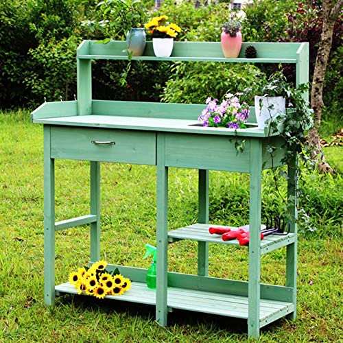 Garden Potting Bench, Fir Wood Outdoor Prep Station with Removable Sink, Drawer, and Hooks,Natural Wooden Work Station for Patio, Backyard and Porch (Green)