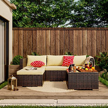 Qsun 5-Piece Patio Furniture Set Outdoor Couch with Glass Coffee Table and Two Pillows, Outdoor Sectional Conversation Set (Brown Rattan, Beige Cushion)