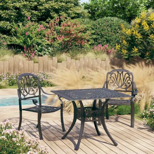 LKJVFCPW 3 Piece Outdoor Bistro Set, Cast Aluminum Patio Dining Furniture with Umbrella Hole, Small Garden Table and 2 Chairs for Balcony Porch Backyard, Black