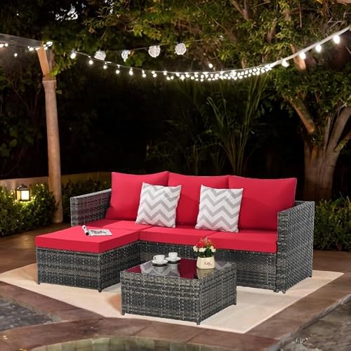 Finca ancha 3-Piece Patio Furniture Set with Small Outdoor Table, Patio Bar Set w/Sillas para Balcon, Sillas para Patio Exterior, Handwoven All-Weather Wicker, Large Cushions, Breathable Fabric (Red)