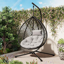 GDFStudio Hammock Chair with Stand, Rattan Weave Hanging Egg Chair with Cushion, Iron Frame Swing Ceiling Chair for Indoor Outdoor Patio Balcony Porch Garden, Patio Furniture, 330lbs, Black+Gray