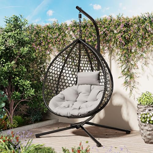 U_STYLE Sturdy Hammock Chair with Stand,Durable Hanging Egg Chair with Rattan Weaving ,Comfortable Indoor Outdoor Swing chairs with Soft Removable Cushion,Suitable for Balcony, Bedroom, or Garden