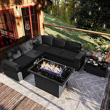 Vakollia 7-Piece Patio Furniture Set with 44" Propane Fire Pit Table, Outdoor Wicker Sofa Sets A2/Black-Black
