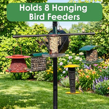 Backyard Essentials Squirrel Proof Bird Feeder Pole with Squirrel Baffle - 8 Hook Heavy Duty Stand - 8+ Foot Tall Black Powder Coated Steel Pole with Deep Set Auger Anchor