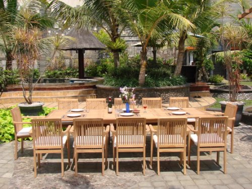 WholesaleTeak New 13 Pc Luxurious Grade-A Teak Dining Set 122" Caranasas Double Extension Rectangle Table, 12 Lua Stacking Arm Chairs #WHDSLUf