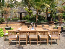 WholesaleTeak New 13 Pc Luxurious Grade-A Teak Dining Set 122" Caranasas Double Extension Rectangle Table, 12 Lua Stacking Arm Chairs #WHDSLUf