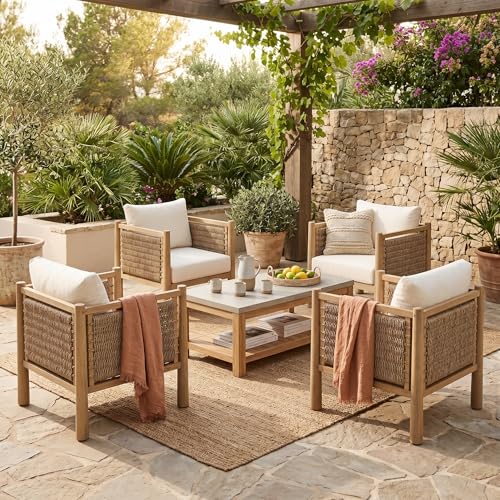 Christopher Knight Home Set of 4 Outdoor Acacia Wood Patio Chairs with PE Wicker Woven Armrests Beige Cushions Outdoor Lounge Armchair Set for Patio Deck Balcony Garden